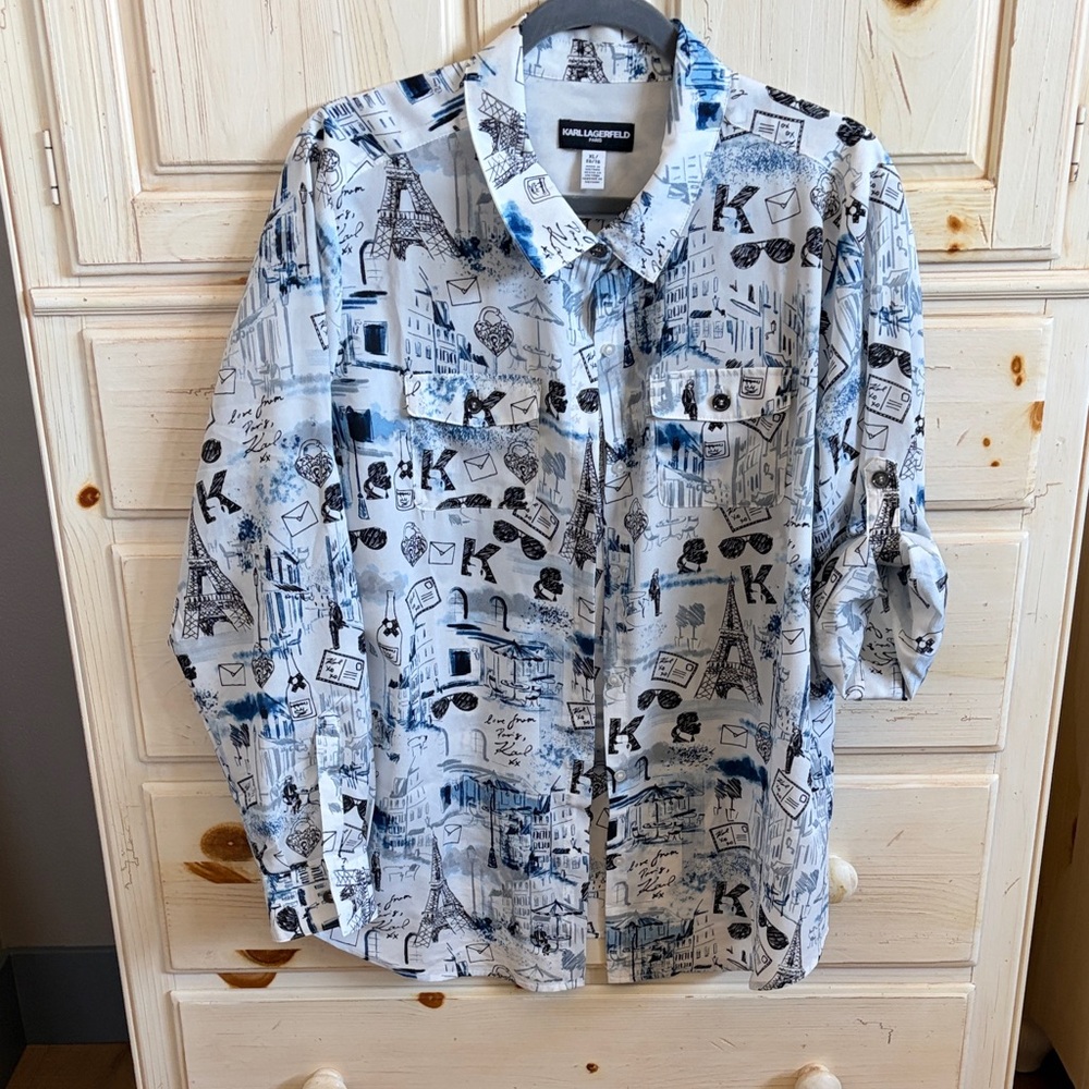 Karl Lagerfeld Paris White and Blue Travel-Print Button-Down Shirt NWOT